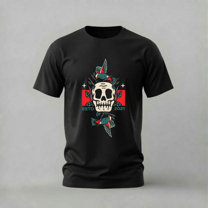 skull birds tshirt; estd 2021 shirt; skull graphic tee; birds skull tshirt; alternative skull shirt; unisex skull tee; men cotton tshirt; half sleeve printed tshirt; streetwear; casual wear; skull merch; birds graphic shirt
