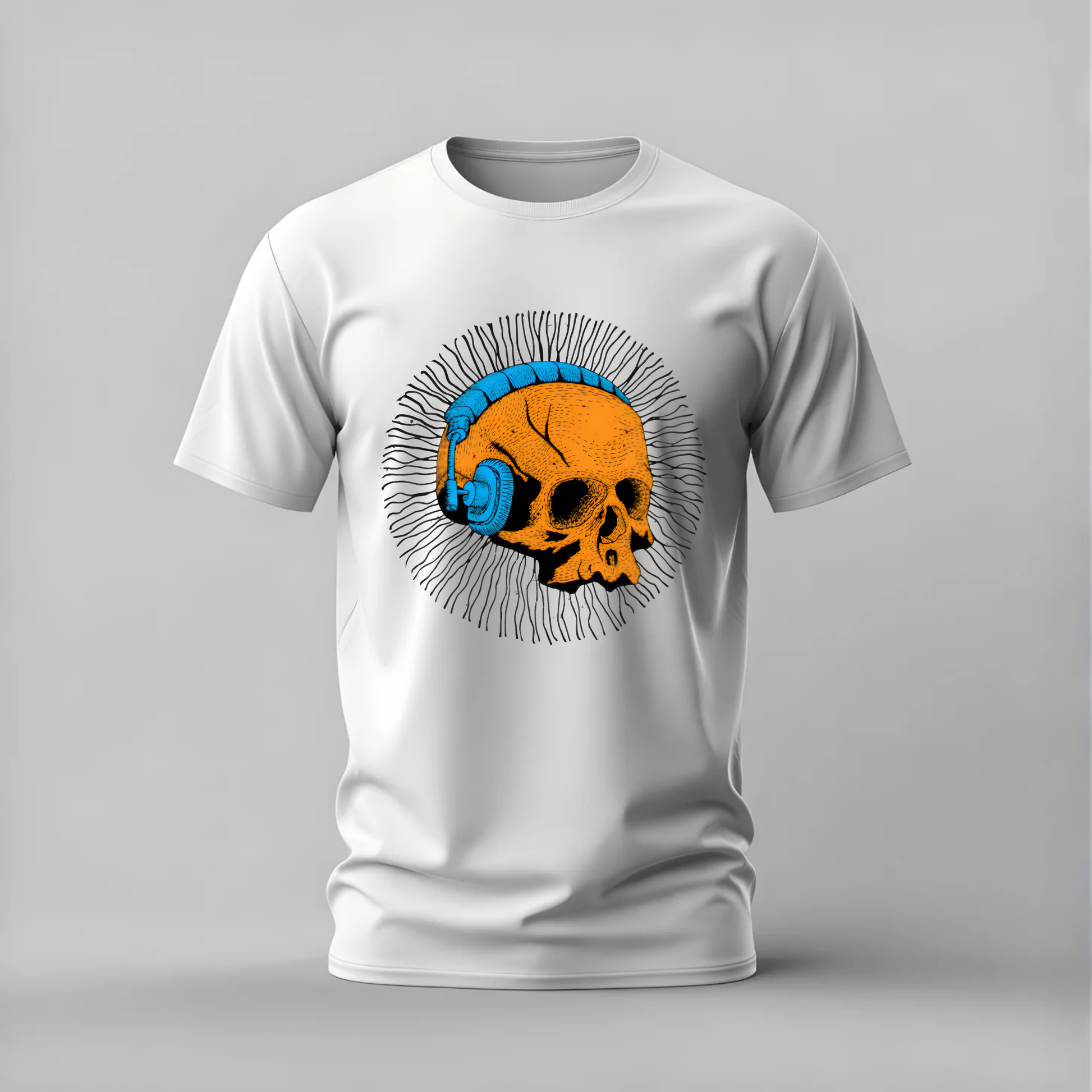 skull headphones tshirt; music skull shirt; orange skull graphic tee; headphones skull tshirt; music lover shirt; unisex skull tee; men cotton tshirt; half sleeve printed tshirt; streetwear; casual wear; skull merch; music graphic shirt
