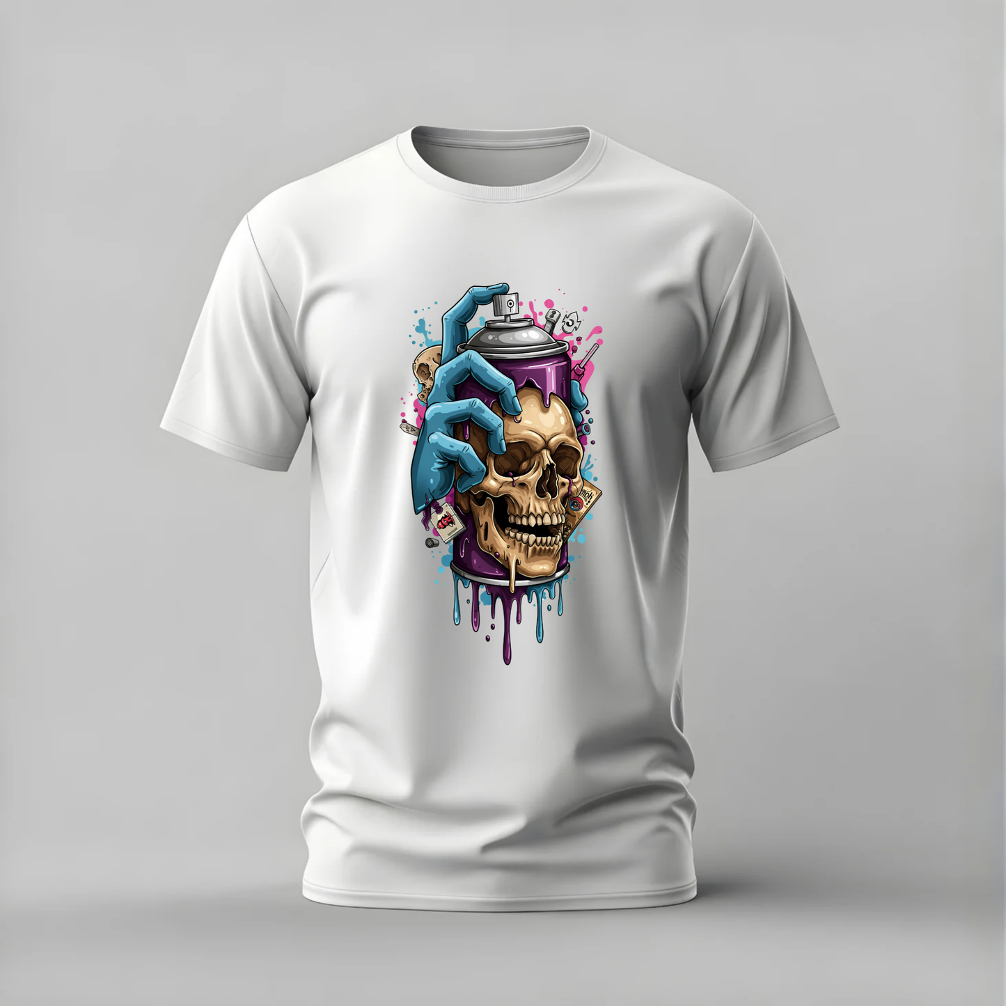 skull spray tshirt; graffiti skull shirt; spray can graphic tee; street art skull tshirt; urban skull tee; unisex graffiti tshirt; men cotton tshirt; half sleeve printed tshirt; streetwear; casual wear; graffiti merch; skull graphic shirt
