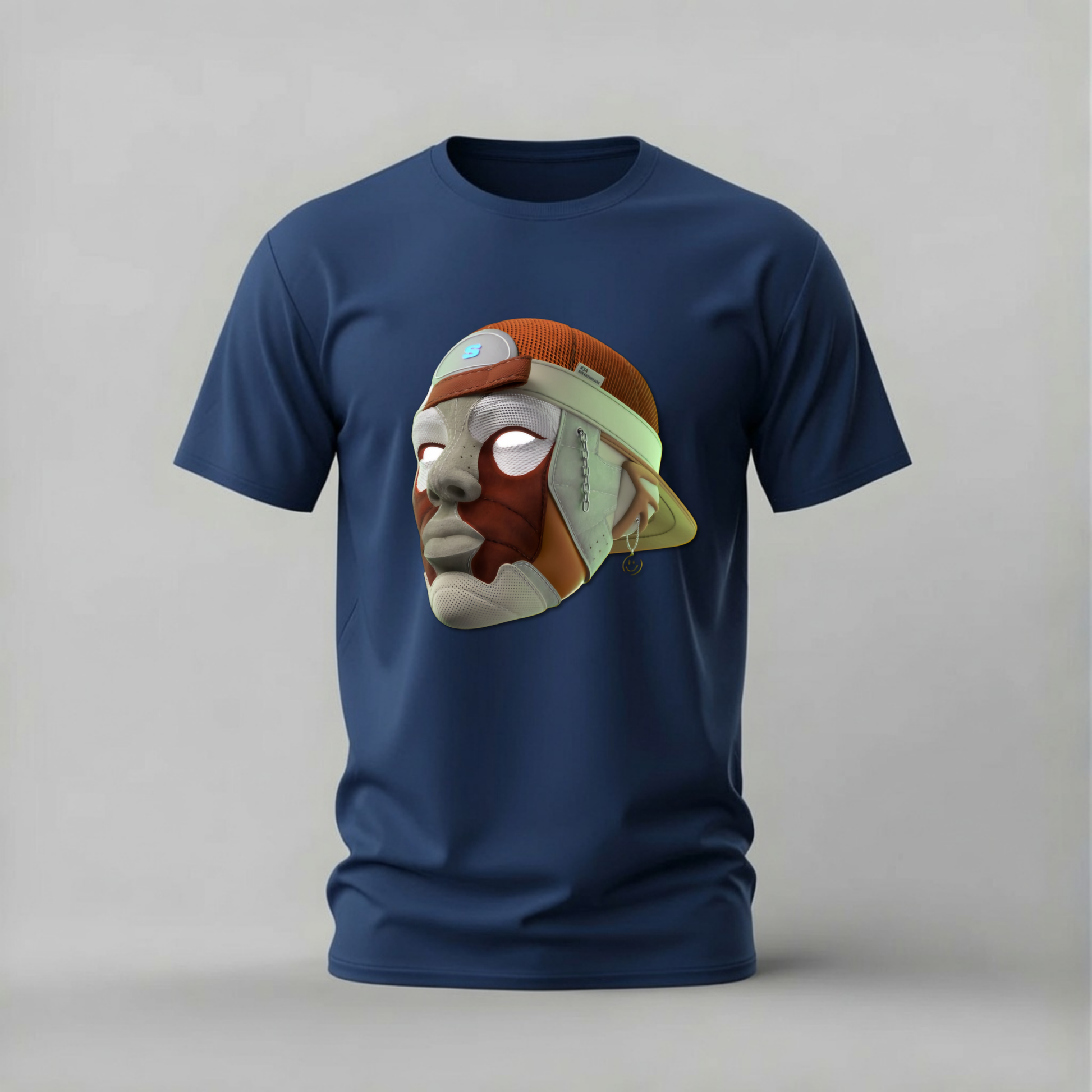 A navy blue short-sleeve crewneck t-shirt featuring a large graphic print of a stylized cartoon mask on the chest, displayed against a neutral gray background.