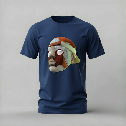 A navy blue short-sleeve crewneck t-shirt featuring a large graphic print of a stylized cartoon mask on the chest, displayed against a neutral gray background.