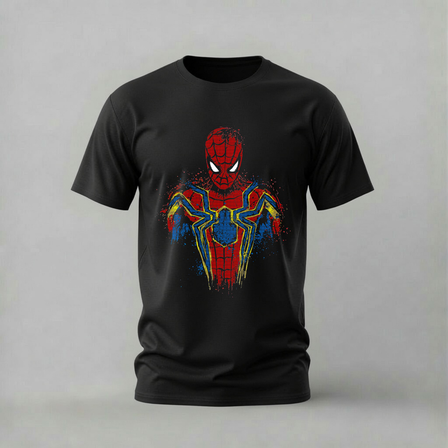 A black short-sleeve crewneck t-shirt featuring a stylized, distressed red and blue Spider-Man suit graphic on the front, displayed against a neutral gray background.