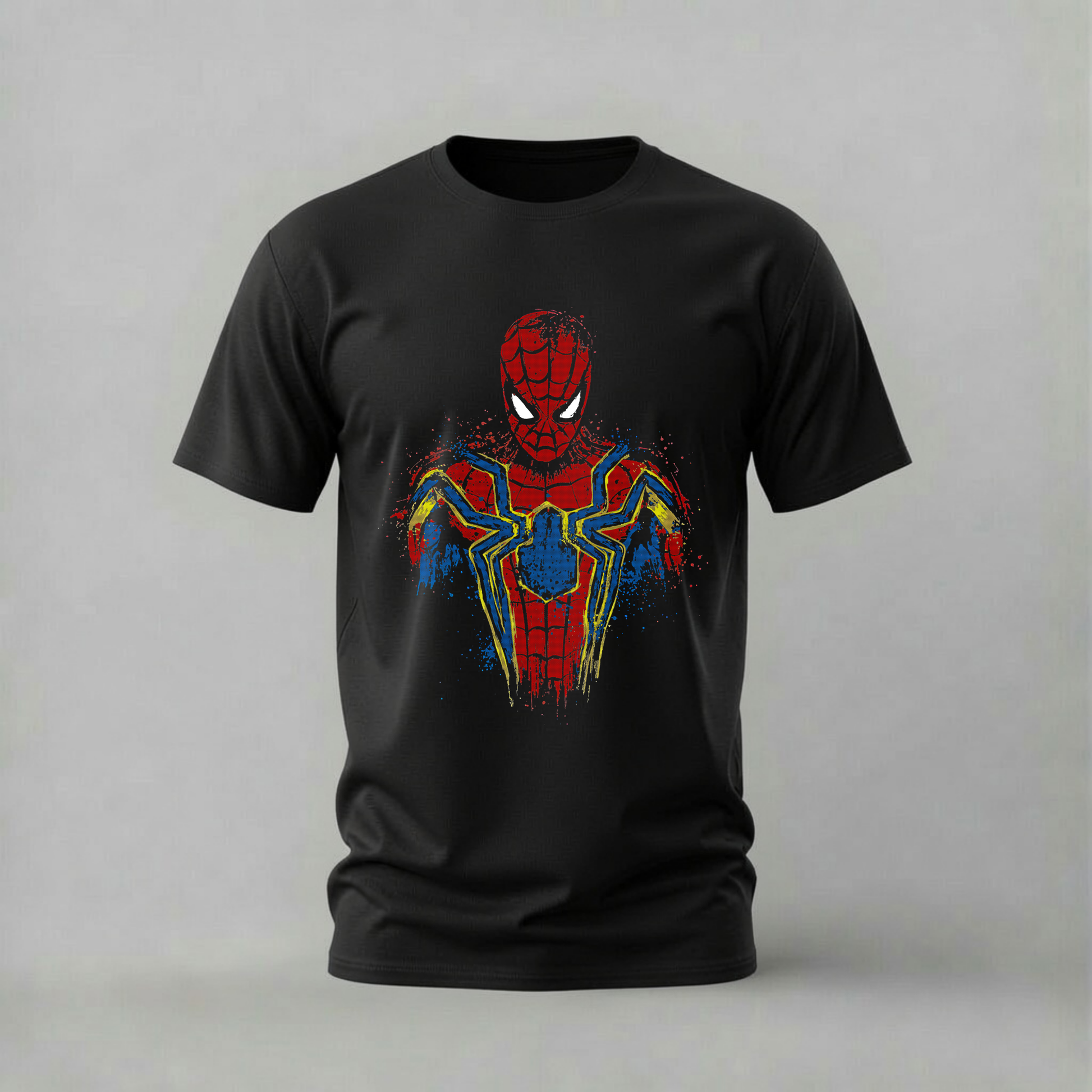 A black short-sleeve crewneck t-shirt featuring a stylized, distressed red and blue Spider-Man suit graphic on the front, displayed against a neutral gray background.