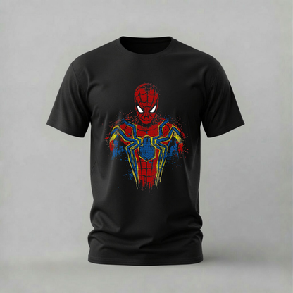 A black short-sleeve crewneck t-shirt featuring a stylized, distressed red and blue Spider-Man suit graphic on the front, displayed against a neutral gray background.