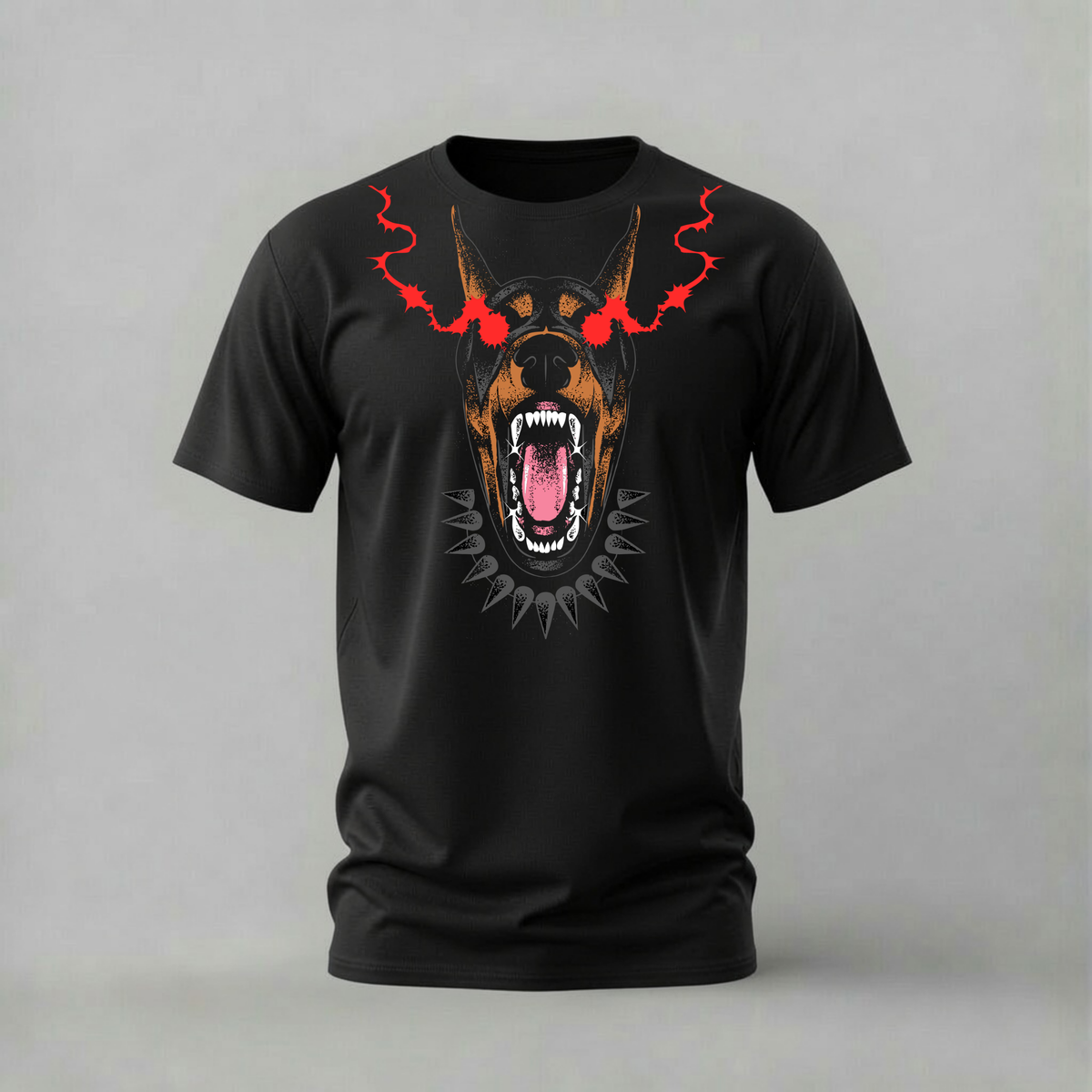 spiked doberman tshirt; aggressive dog shirt; red eyes dog graphic tee; spiked collar dog tshirt; unisex graphic tee; men cotton tshirt; half sleeve printed tshirt; street merch; casual wear