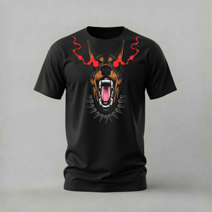 spiked doberman tshirt; aggressive dog shirt; red eyes dog graphic tee; spiked collar dog tshirt; unisex graphic tee; men cotton tshirt; half sleeve printed tshirt; street merch; casual wear