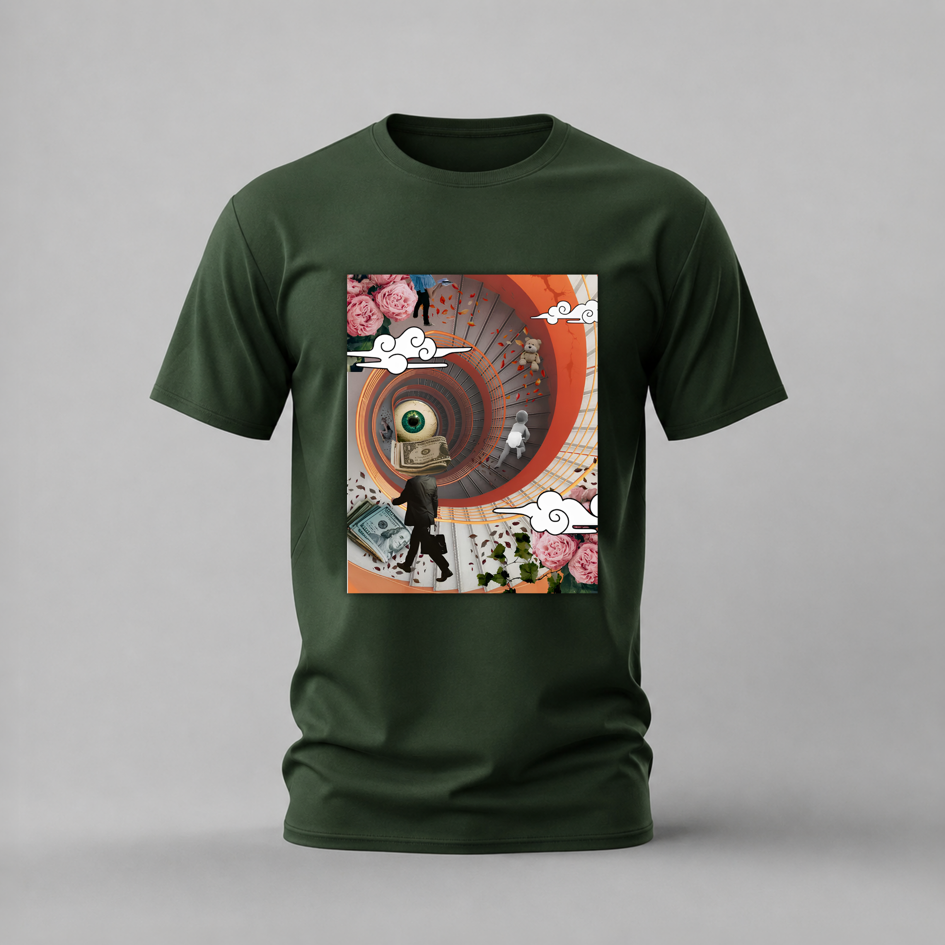 spiral staircase tshirt; surreal collage shirt; artistic spiral graphic tee; dream collage tshirt; surreal art shirt; unisex surreal tee; men cotton tshirt; half sleeve printed tshirt; streetwear; casual wear; art merch; surreal graphic shirt
