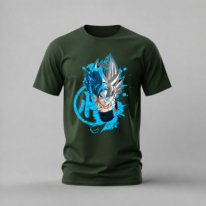 split goku tshirt; dragon ball shirt; goku super saiyan graphic tee; dragon ball character tshirt; goku blue silver shirt; unisex anime tee; men cotton tshirt; half sleeve printed tshirt; streetwear; casual wear; goku merch; dragon ball graphic shirt
