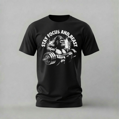 stay focus and beast tshirt; gorilla lifter shirt; gym motivation graphic tee; beast mode tshirt; unisex graphic tee; men cotton tshirt; half sleeve printed tshirt; street merch; casual wear