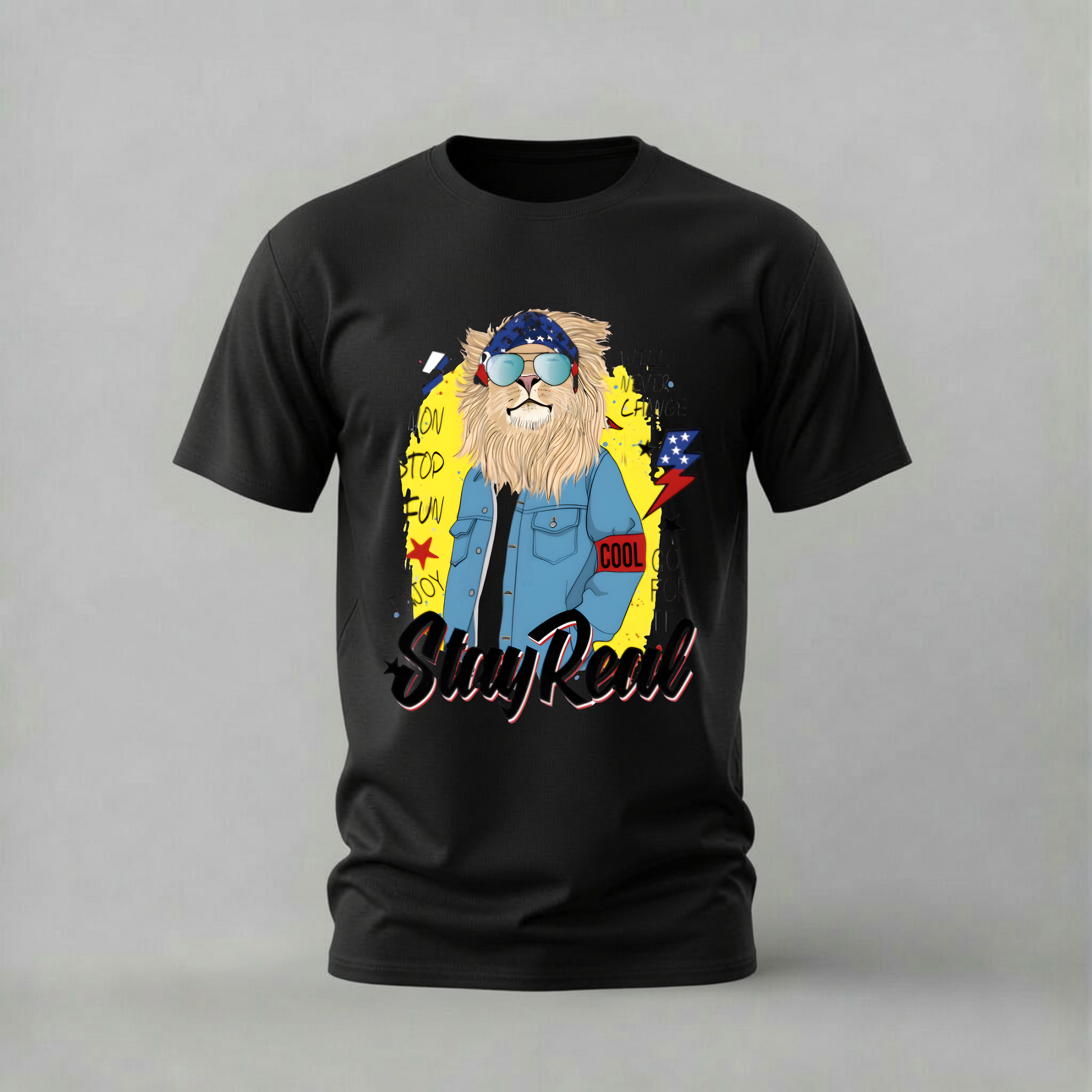 stay real tshirt; cool lion shirt; lion with sunglasses graphic tee; stay real lion tshirt; streetwear lion shirt; unisex animal tee; men cotton tshirt; half sleeve printed tshirt; streetwear; casual wear; lion merch; cool graphic shirt
