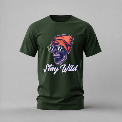 stay wild tshirt; cool skull shirt; beanie skull graphic tee; stay wild skull tshirt; streetwear skull shirt; unisex skull tee; men cotton tshirt; half sleeve printed tshirt; streetwear; casual wear; skull merch; wild graphic shirt
