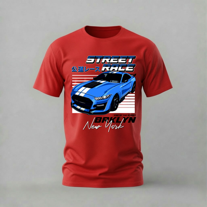 street race mustang tshirt; blue mustang shirt; new york racing graphic tee; muscle car tshirt; unisex car tee; men cotton tshirt; half sleeve printed tshirt; car merch; casual wear