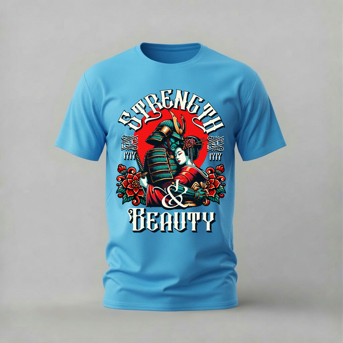 strength and beauty tshirt; samurai geisha shirt; japanese art graphic tee; traditional japan tshirt; unisex japanese tee; men cotton tshirt; half sleeve printed tshirt; culture merch; casual wear