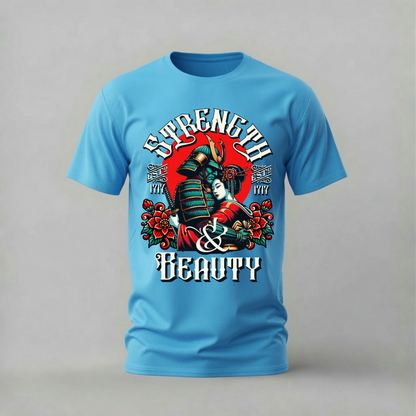 strength and beauty tshirt; samurai geisha shirt; japanese art graphic tee; traditional japan tshirt; unisex japanese tee; men cotton tshirt; half sleeve printed tshirt; culture merch; casual wear