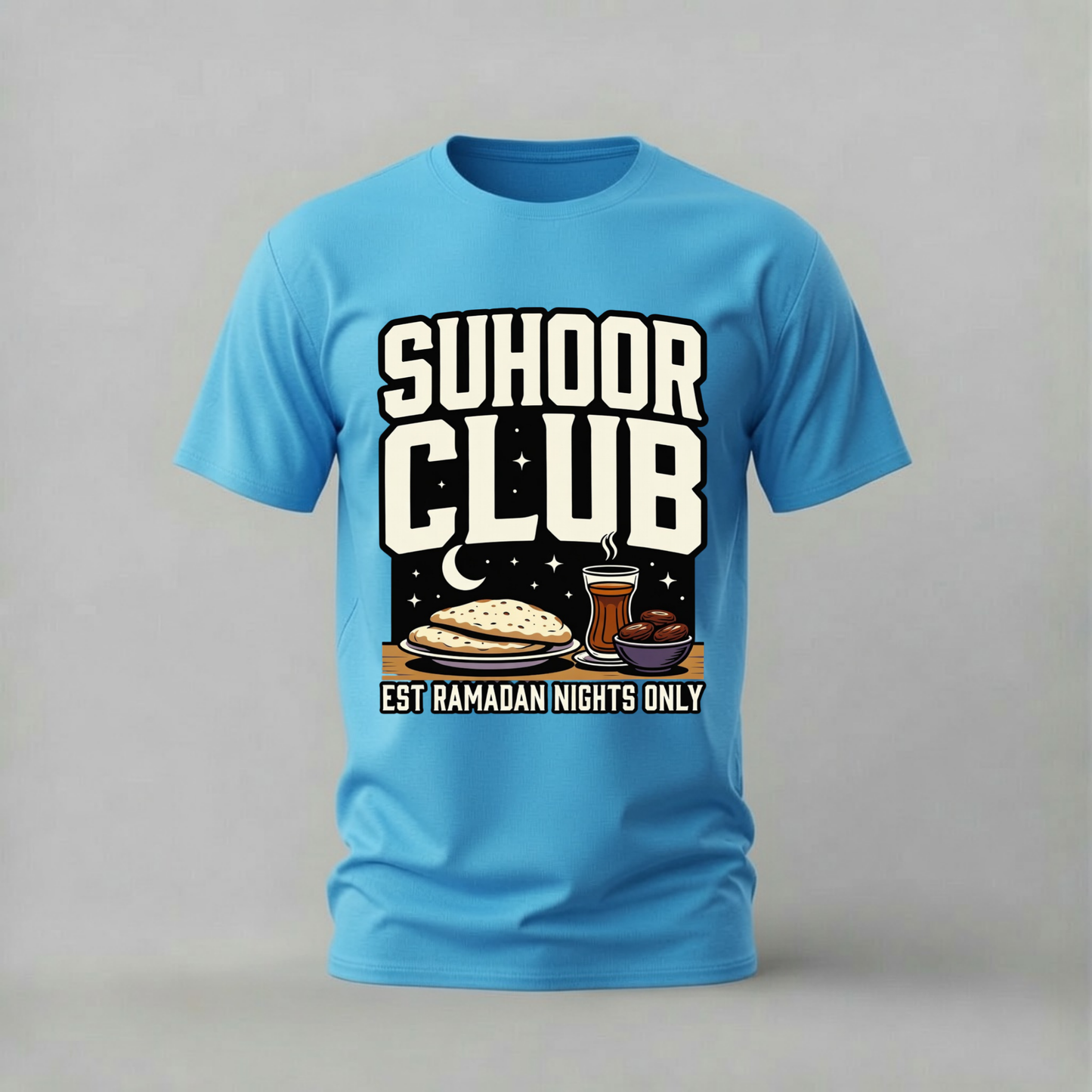 suhoor club tshirt; ramadan shirt; suhoor club graphic tee; ramadan nights tshirt; suhoor graphic shirt; unisex ramadan tee; men cotton tshirt; half sleeve printed tshirt; streetwear; casual wear; ramadan merch; suhoor graphic shirt

