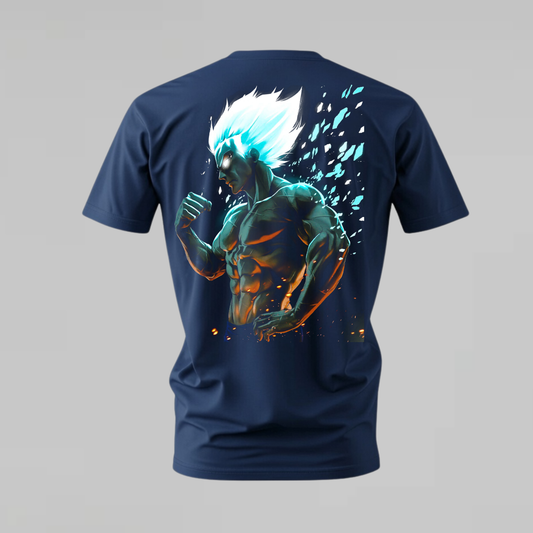 super saiyan blue goku tshirt; ssb goku shirt; muscular goku graphic tee; blue aura goku tshirt; unisex super saiyan blue tee; men cotton tshirt; half sleeve printed tshirt; anime merch; casual wear