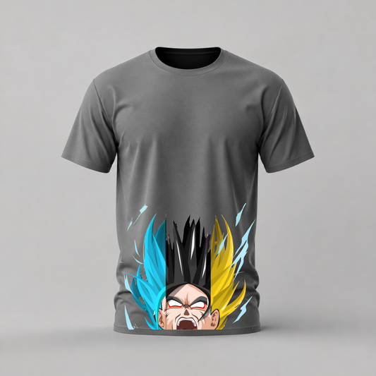 super saiyan split tshirt; blue black gold hair shirt; goku forms graphic tee; super saiyan collage; unisex super saiyan split tee; men cotton tshirt; half sleeve printed tshirt; anime merch; casual wear
