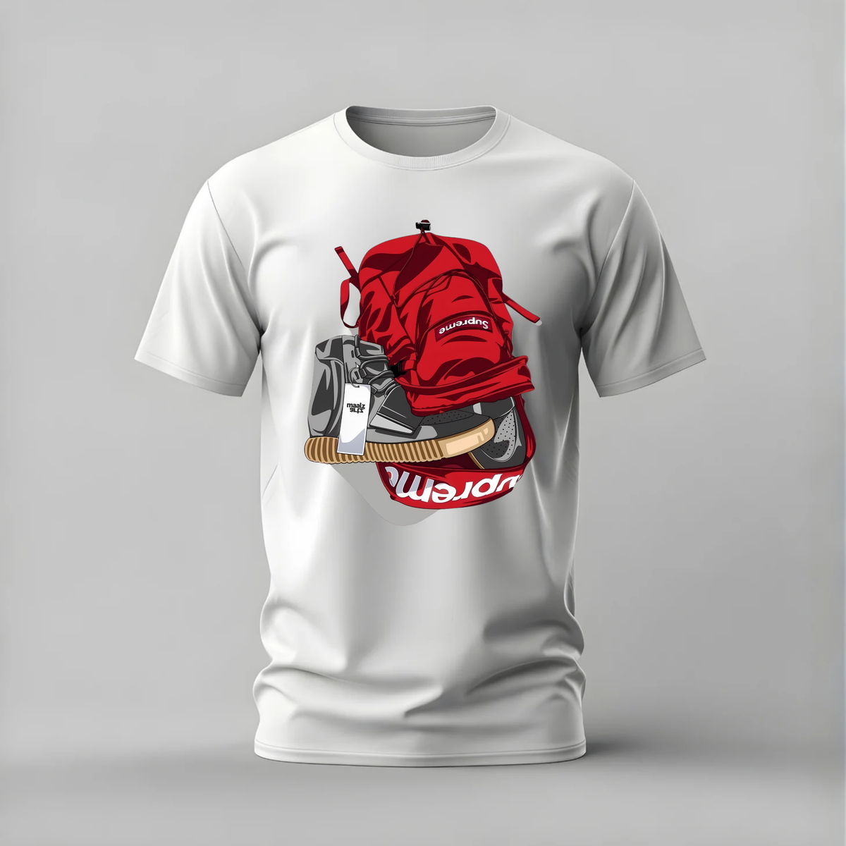 supreme backpack tshirt; red bag graphic tee; yeezy supreme shirt; streetwear bag tshirt; unisex supreme backpack tee; men cotton tshirt; half sleeve printed tshirt; hype merch; casual wear