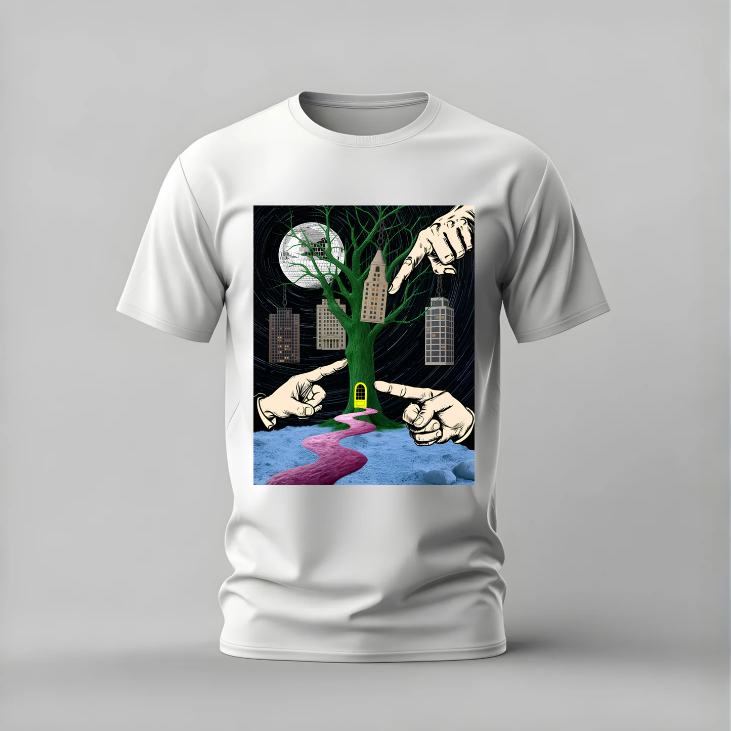 surreal tree tshirt; dreamscape graphic shirt; conceptual art tee; surrealism tshirt; trippy tree graphic; unisex art tshirt; men cotton tshirt; half sleeve printed tshirt; streetwear; casual wear; art merch; surreal graphic shirt
