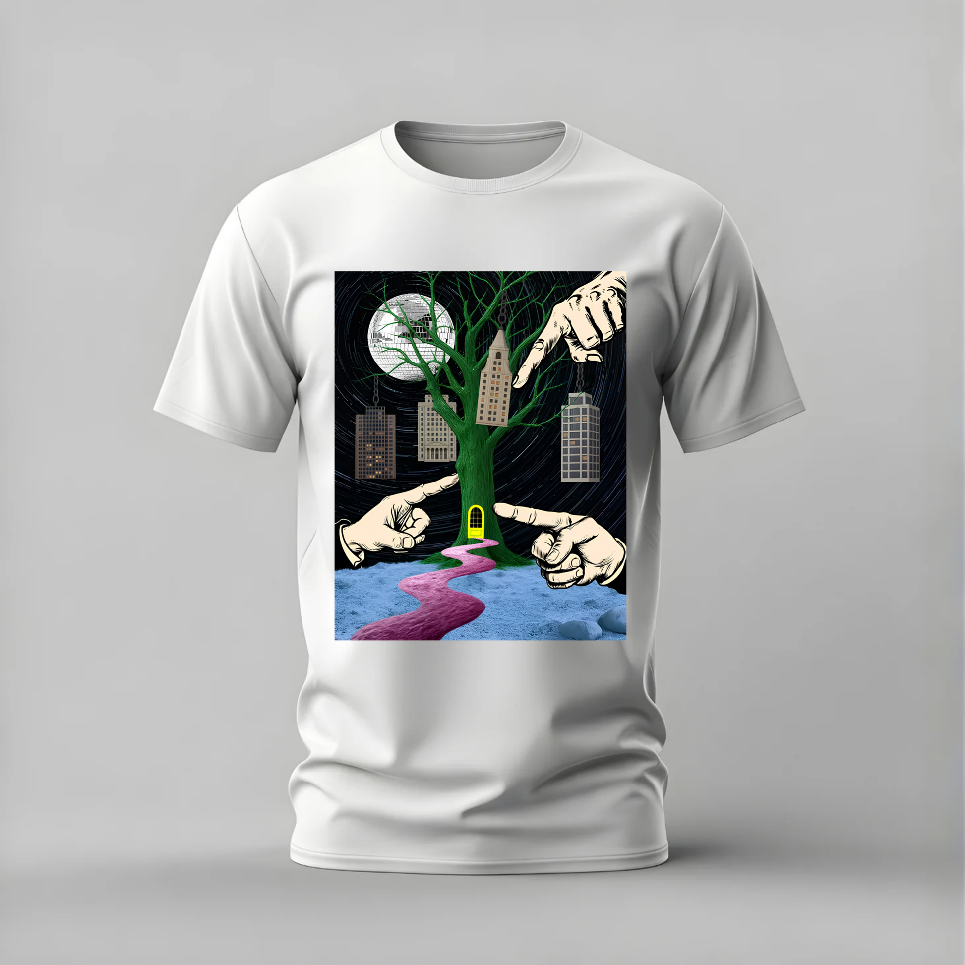 surreal tree tshirt; dreamscape graphic shirt; conceptual art tee; surrealism tshirt; trippy tree graphic; unisex art tshirt; men cotton tshirt; half sleeve printed tshirt; streetwear; casual wear; art merch; surreal graphic shirt
