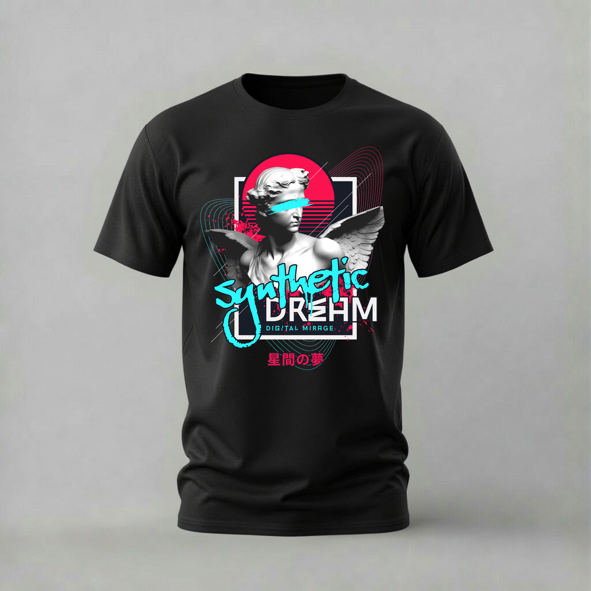 synthetic dream tshirt; digital mirage shirt; statue graphic tee; cyber aesthetic tshirt; unisex modern art tee; men cotton tshirt; half sleeve printed tshirt; streetwear merch; casual wear