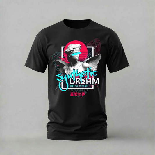 synthetic dream tshirt; digital mirage shirt; statue graphic tee; cyber aesthetic tshirt; unisex modern art tee; men cotton tshirt; half sleeve printed tshirt; streetwear merch; casual wear