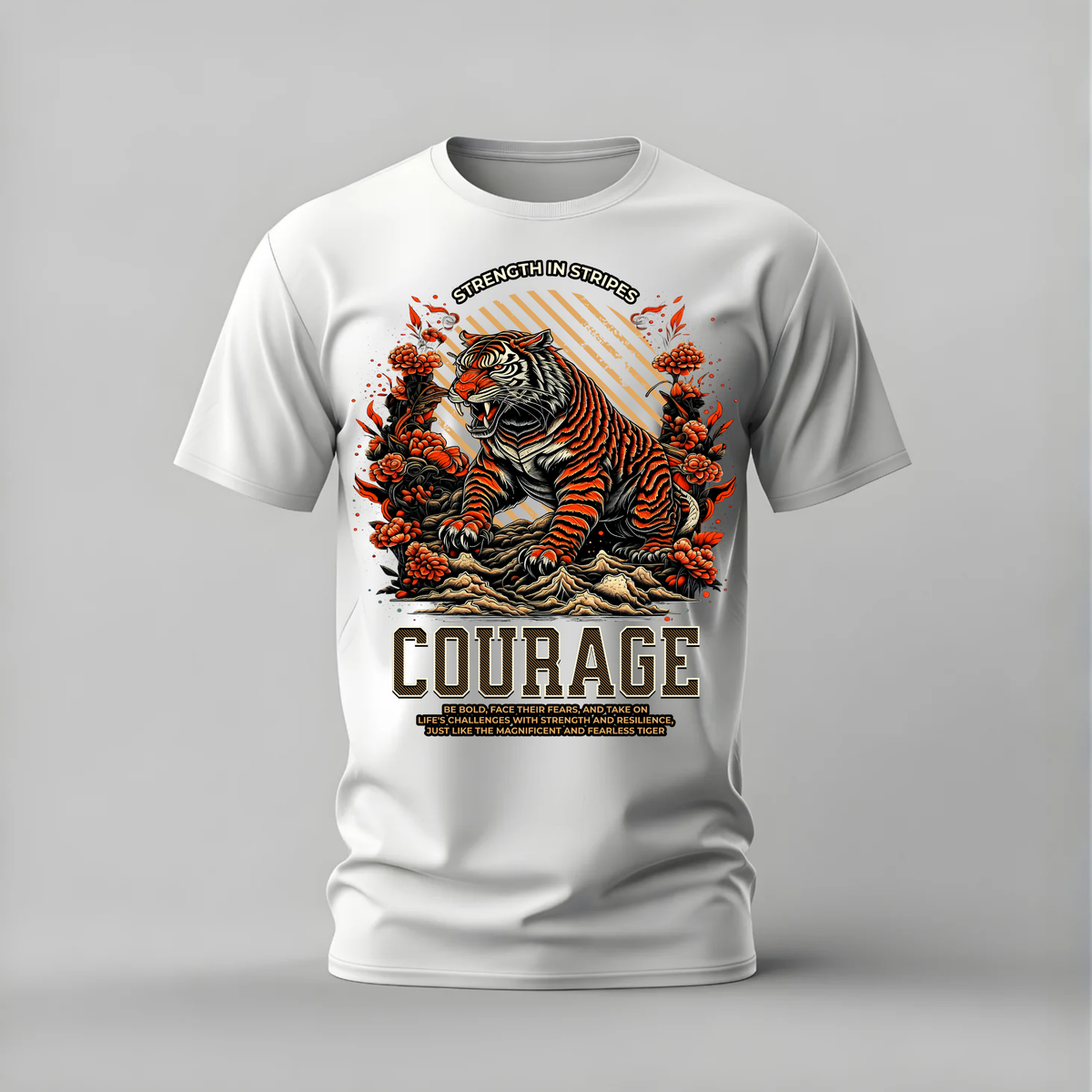 tiger courage tshirt; strength in stripes shirt; roaring tiger graphic tee; motivational animal tshirt; unisex streetwear tee; men cotton tshirt; half sleeve printed tshirt; animal merch; casual wear