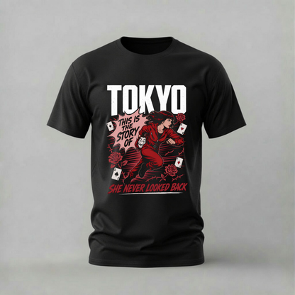 A black short-sleeve crewneck t-shirt with a graphic print on the front. The graphic features the word 'TOKYO' in bold white letters above an illustration of a woman in a red outfit surrounded by playing cards and roses, with the text 'THIS IS THE STORY OF SHE NEVER LOOKED BACK' in white and red.