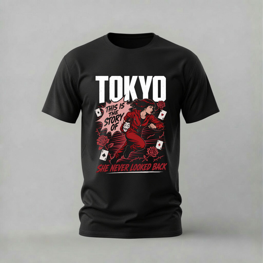 A black short-sleeve crewneck t-shirt with a graphic print on the front. The graphic features the word 'TOKYO' in bold white letters above an illustration of a woman in a red outfit surrounded by playing cards and roses, with the text 'THIS IS THE STORY OF SHE NEVER LOOKED BACK' in white and red.