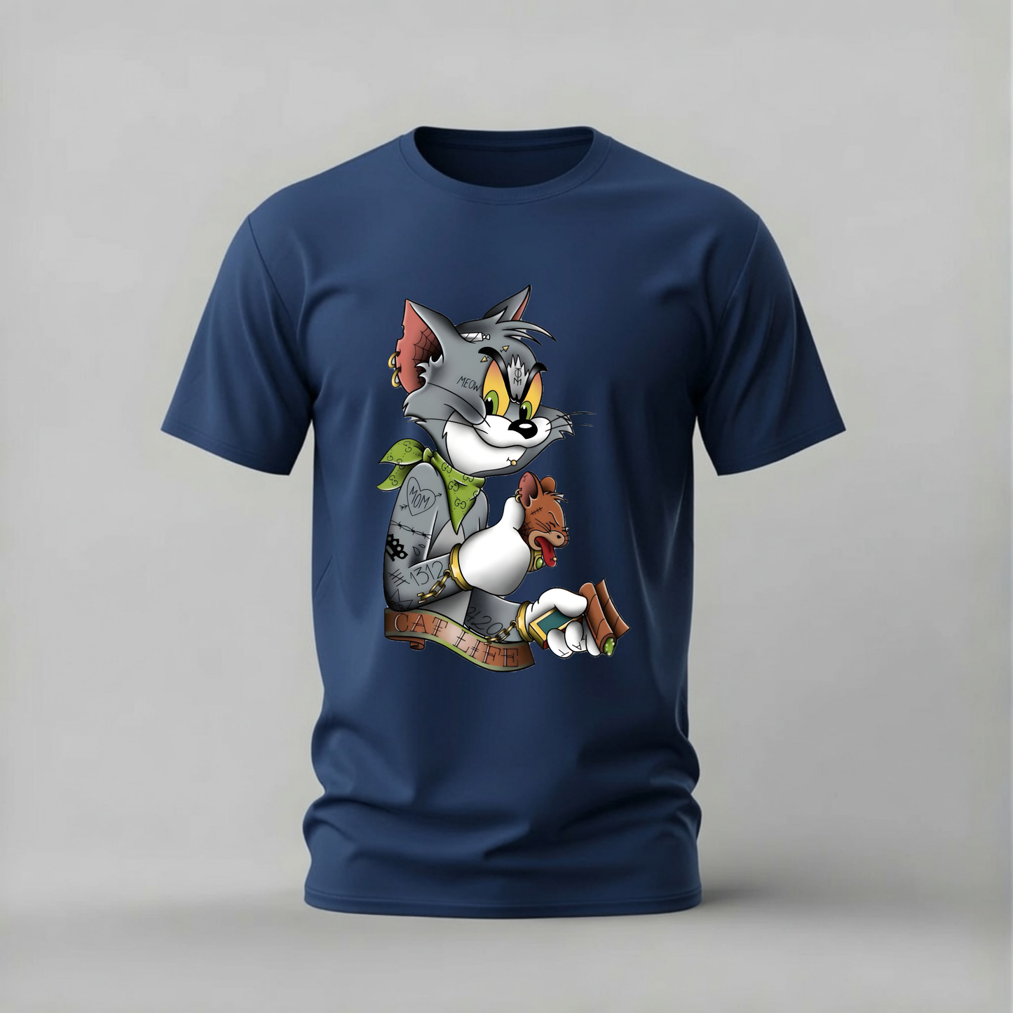 tom and jerry tshirt; cat life shirt; tom jerry graphic tee; tattooed tom tshirt; classic cartoon shirt; unisex cartoon tee; men cotton tshirt; half sleeve printed tshirt; streetwear; casual wear; tom jerry merch; cat life graphic shirt
