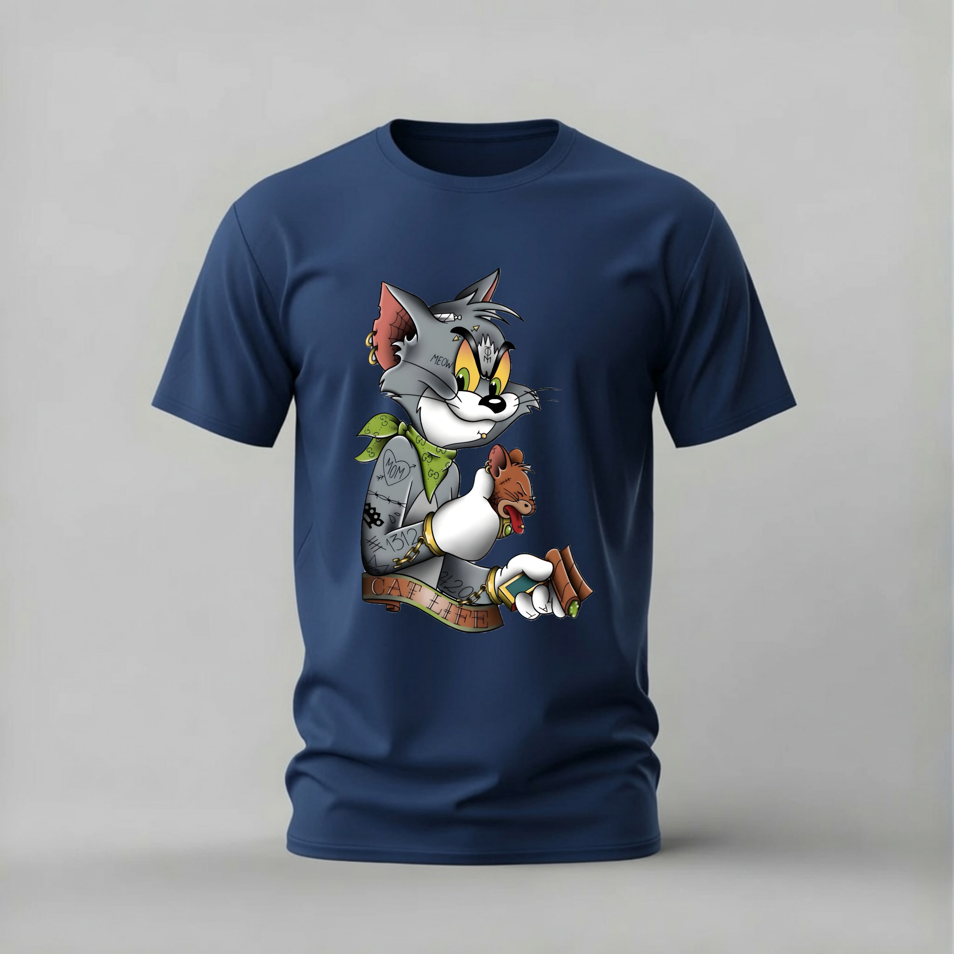 tom and jerry tshirt; cat life shirt; tom jerry graphic tee; tattooed tom tshirt; classic cartoon shirt; unisex cartoon tee; men cotton tshirt; half sleeve printed tshirt; streetwear; casual wear; tom jerry merch; cat life graphic shirt
