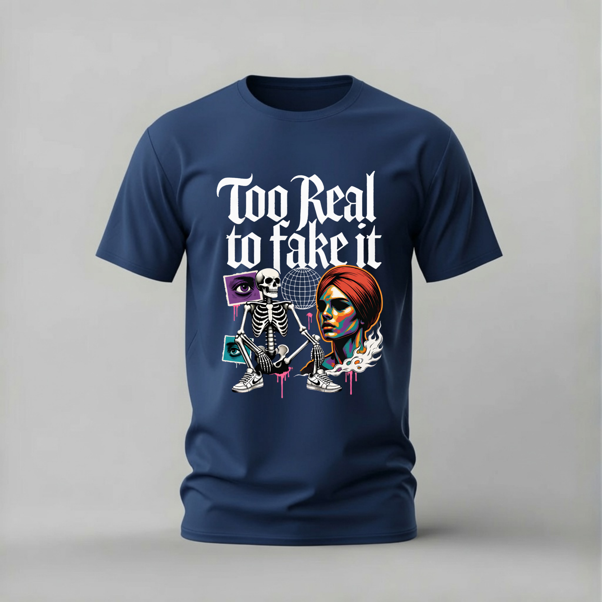 too real to fake it tshirt; skeleton graphic shirt; real streetwear tee; authentic graphic tshirt; skeleton woman shirt; unisex real tee; men cotton tshirt; half sleeve printed tshirt; streetwear; casual wear; art merch; realness shirt
