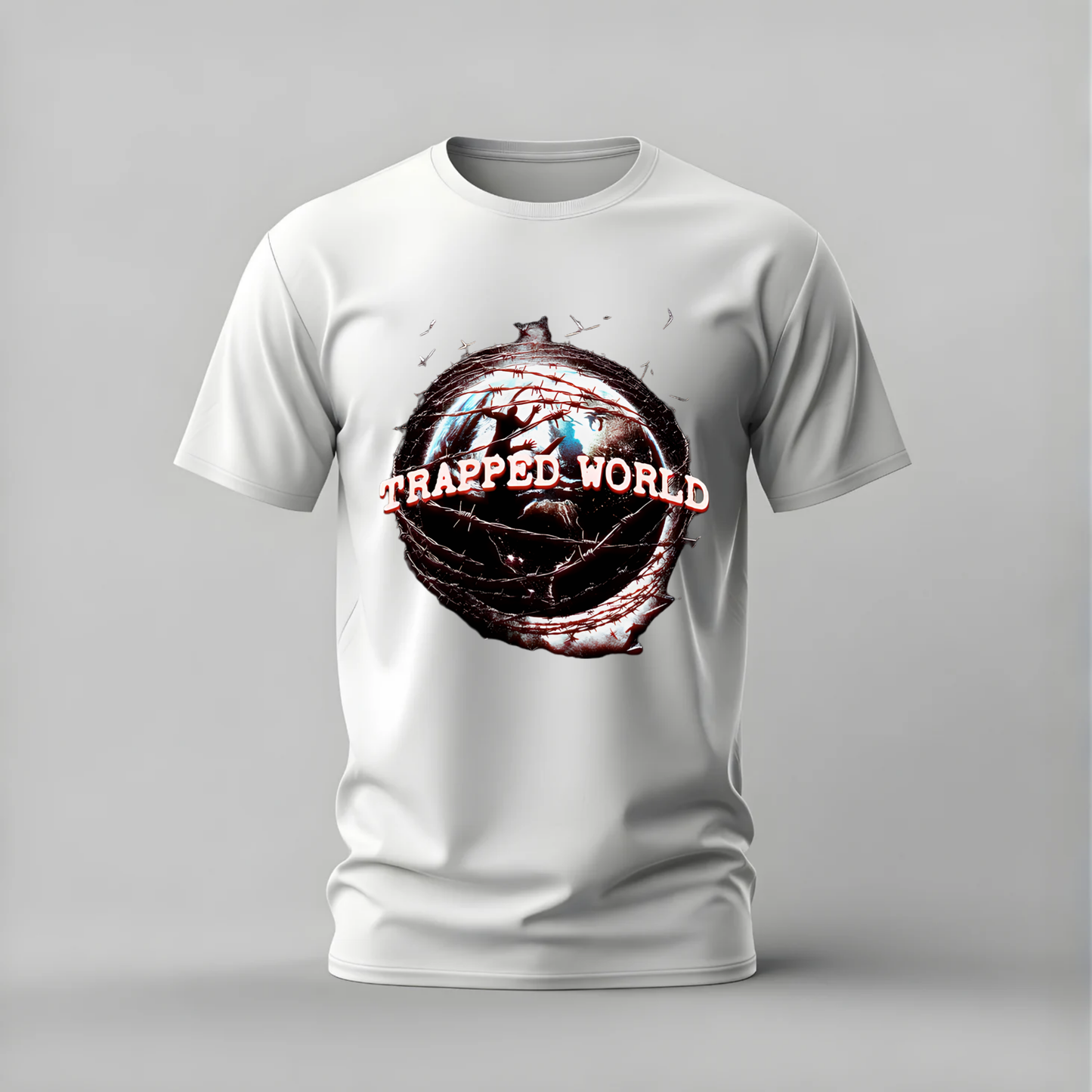 trapped world tshirt; barbed wire globe shirt; trapped earth graphic tee; dystopian world tshirt; streetwear protest shirt; unisex dark tee; men cotton tshirt; half sleeve printed tshirt; streetwear; casual wear; symbolic merch; world graphic shirt

