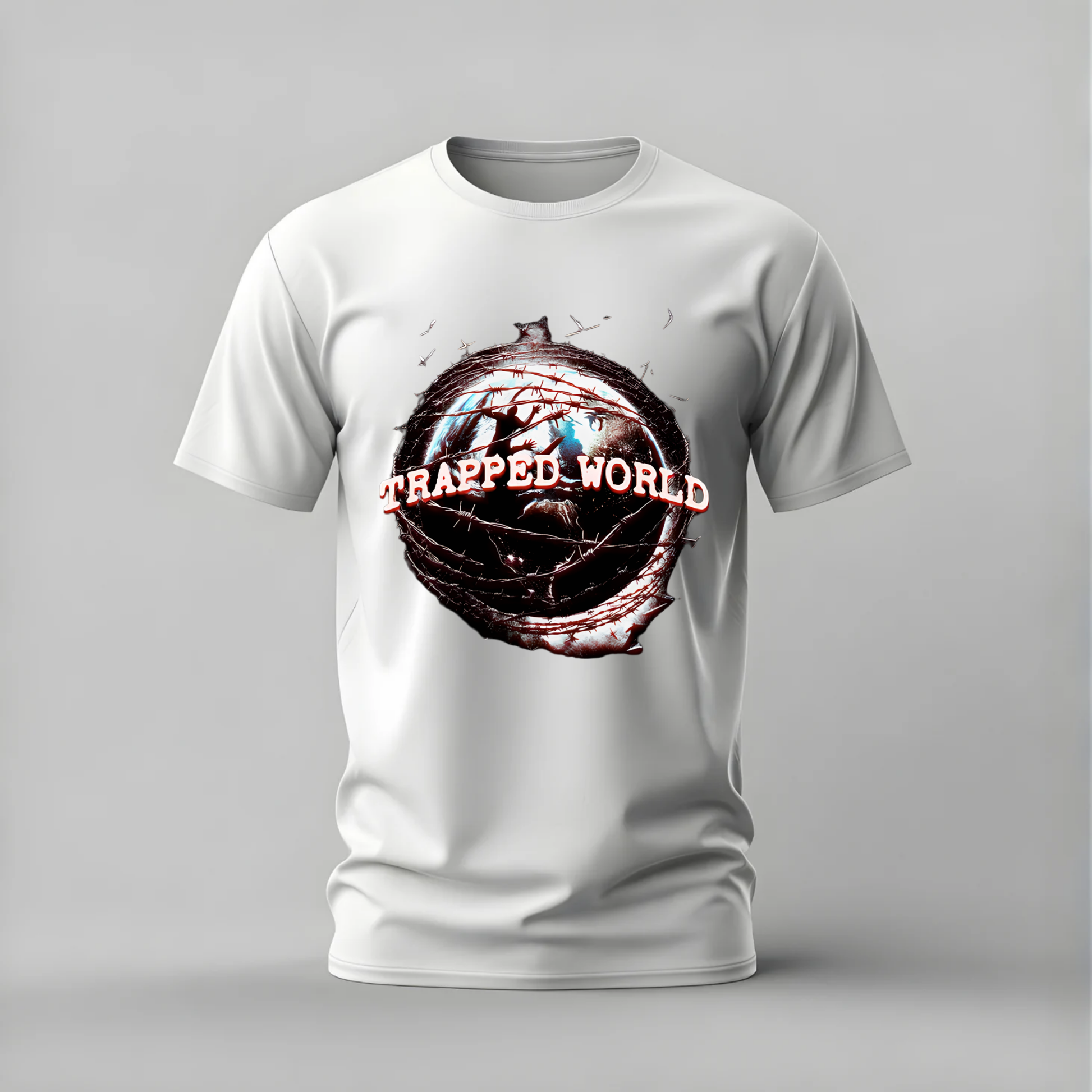 trapped world tshirt; barbed wire globe shirt; trapped earth graphic tee; dystopian world tshirt; streetwear protest shirt; unisex dark tee; men cotton tshirt; half sleeve printed tshirt; streetwear; casual wear; symbolic merch; world graphic shirt
