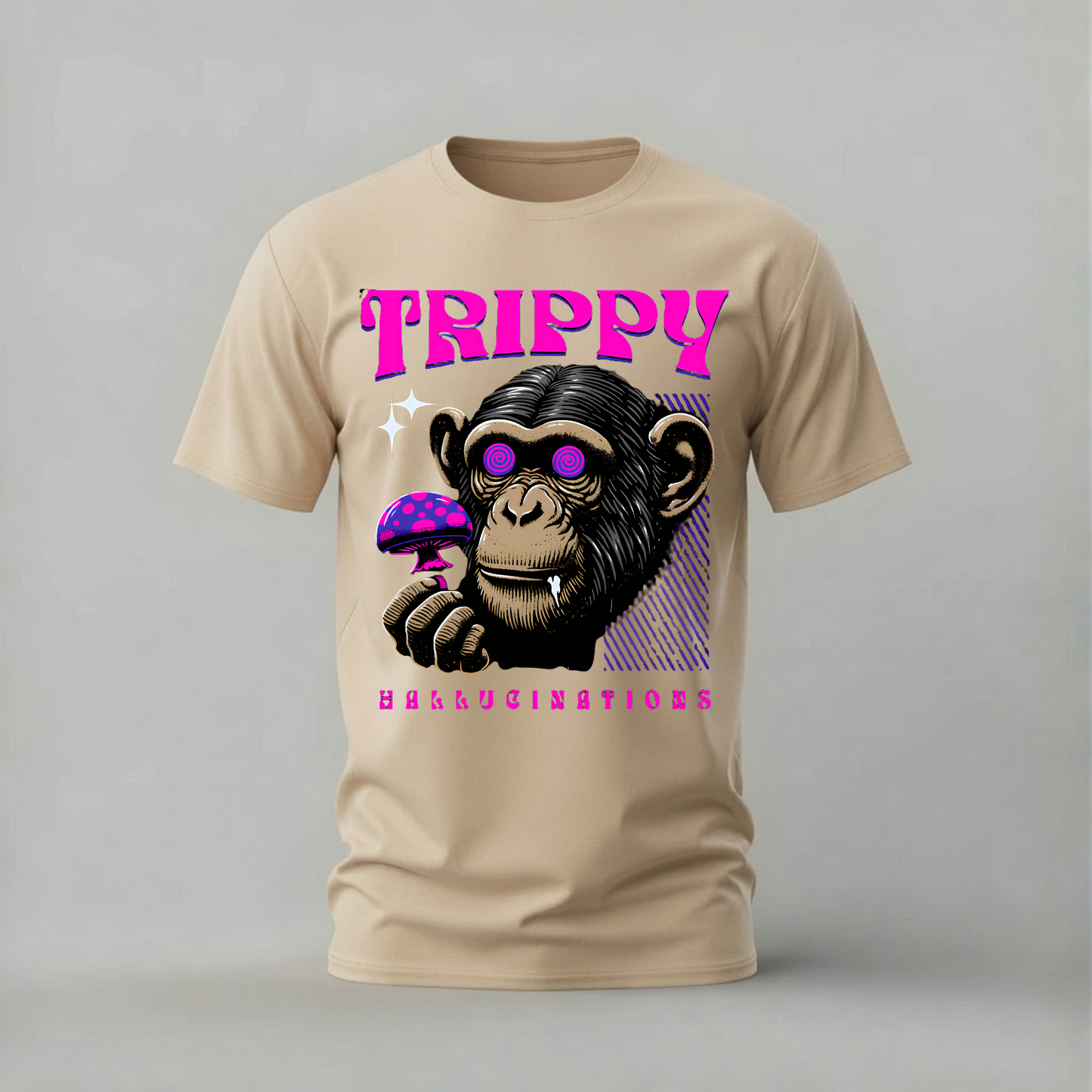 trippy monkey tshirt; hallucinations monkey shirt; psychedelic monkey graphic tee; spiral eyes monkey tshirt; mushroom monkey shirt; unisex trippy tee; men cotton tshirt; half sleeve printed tshirt; streetwear; casual wear; trippy merch; psychedelic graphic shirt
