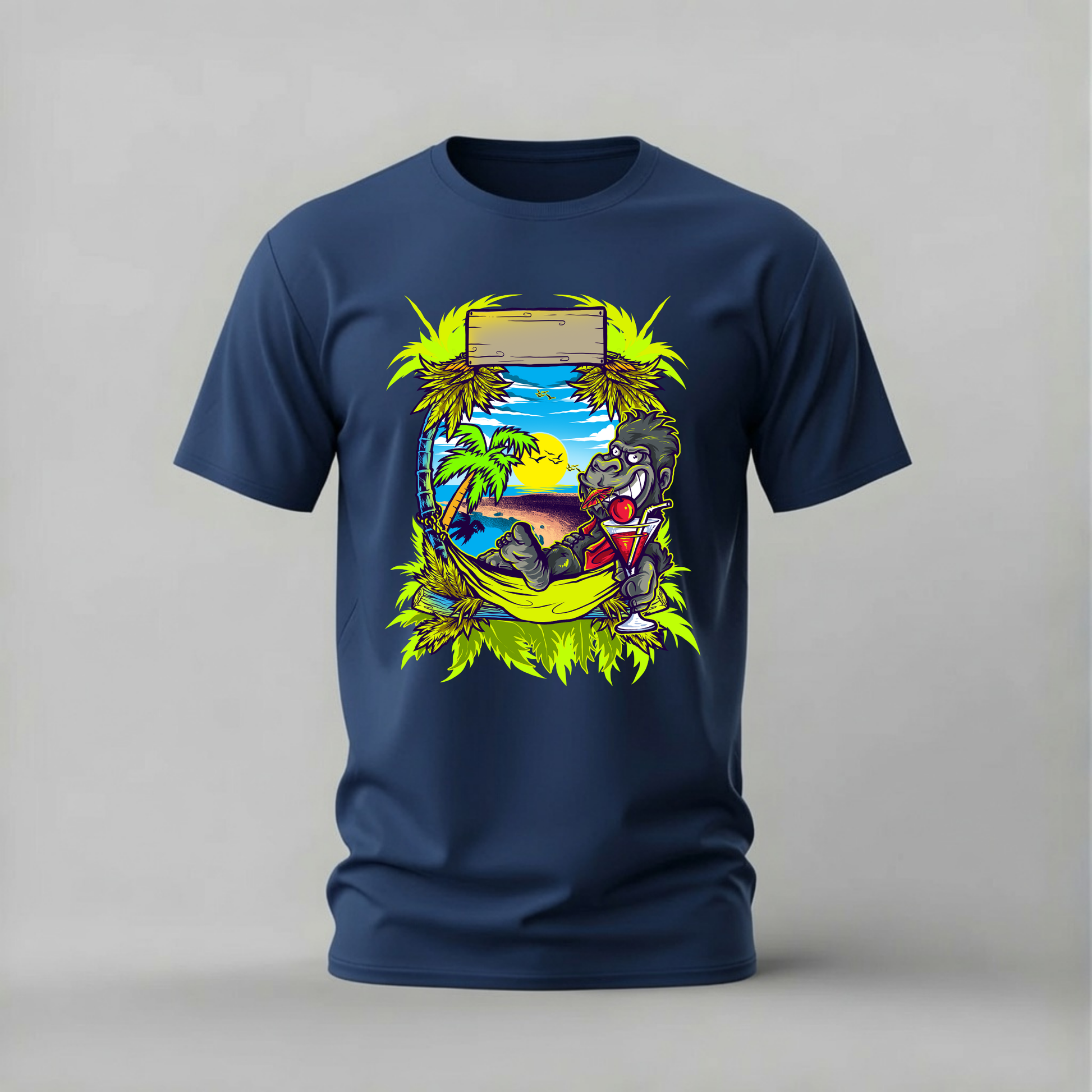 tropical gorilla tshirt; beach gorilla shirt; gorilla hammock graphic tee; vacation gorilla tshirt; fun animal shirt; unisex gorilla tee; men cotton tshirt; half sleeve printed tshirt; streetwear; casual wear; gorilla merch; tropical graphic shirt
