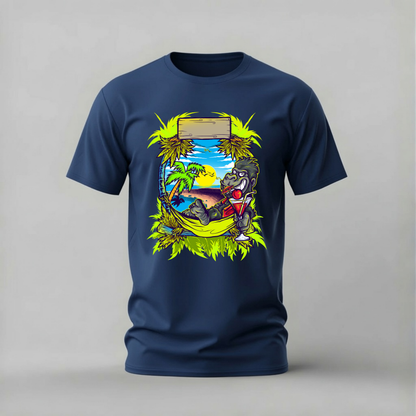 tropical gorilla tshirt; beach gorilla shirt; gorilla hammock graphic tee; vacation gorilla tshirt; fun animal shirt; unisex gorilla tee; men cotton tshirt; half sleeve printed tshirt; streetwear; casual wear; gorilla merch; tropical graphic shirt
