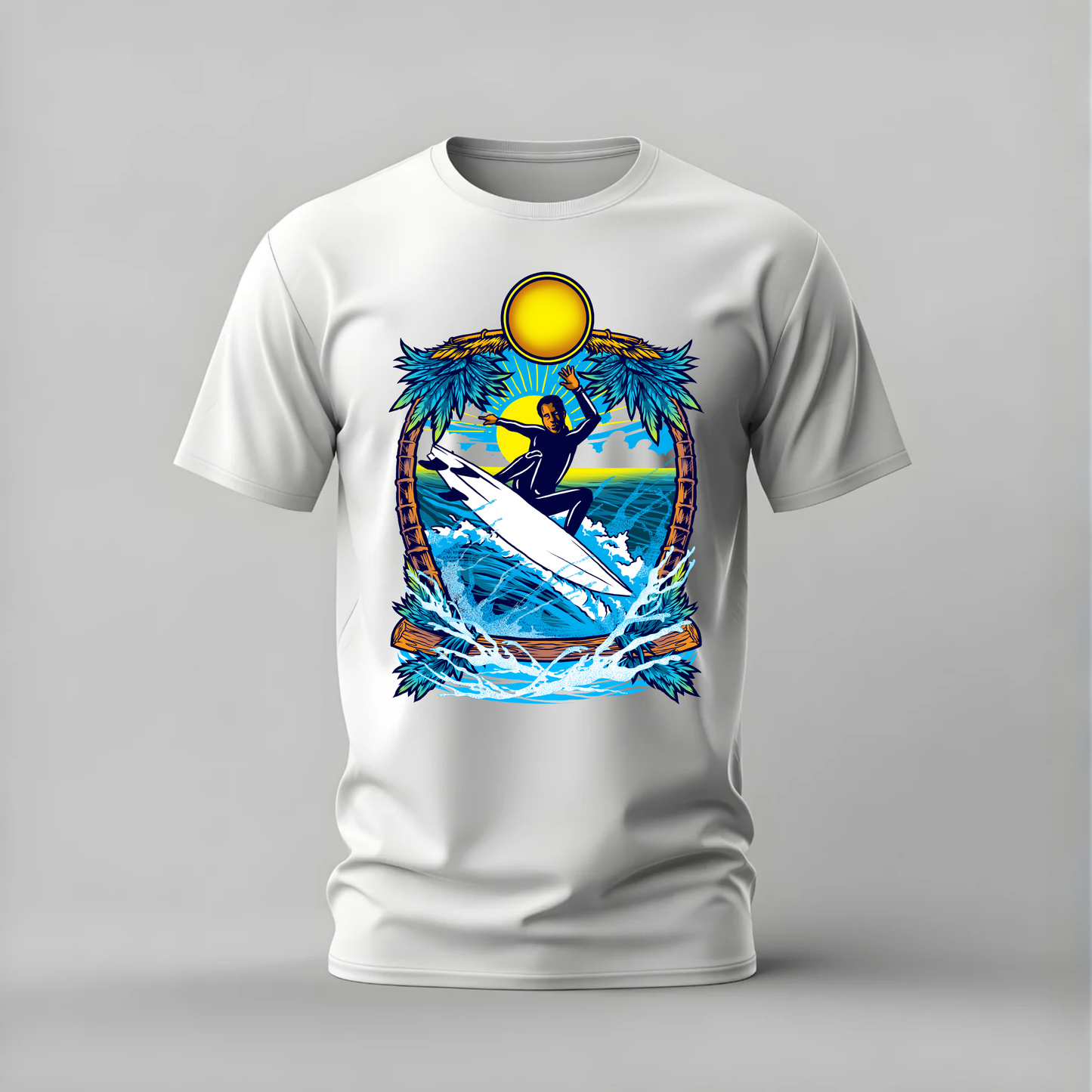 tropical surfer tshirt; beach surf shirt; surfing graphic tee; palm tree surfer tshirt; ocean wave shirt; unisex surfer tee; men cotton tshirt; half sleeve printed tshirt; streetwear; casual wear; surf merch; beach graphic shirt
