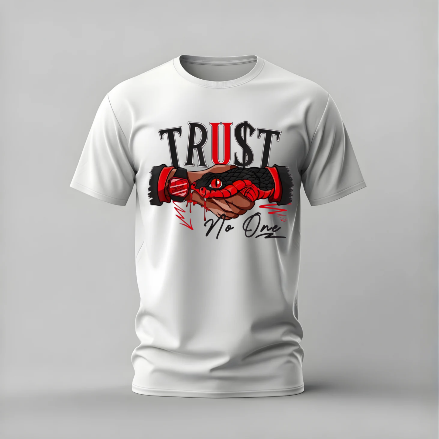 trust no one tshirt; snake handshake shirt; trust no one graphic tee; betrayal design tshirt; streetwear snake shirt; unisex trust tee; men cotton tshirt; half sleeve printed tshirt; streetwear; casual wear; snake merch; attitude graphic shirt
