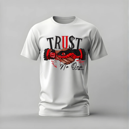 trust no one tshirt; snake handshake shirt; trust no one graphic tee; betrayal design tshirt; streetwear snake shirt; unisex trust tee; men cotton tshirt; half sleeve printed tshirt; streetwear; casual wear; snake merch; attitude graphic shirt
