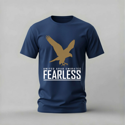 uae fearless tshirt; falcon uae shirt; united arab emirates graphic tee; fearless falcon tshirt; uae pride shirt; unisex uae tee; men cotton tshirt; half sleeve printed tshirt; streetwear; casual wear; uae merch; falcon graphic shirt
