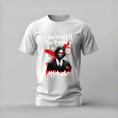 unleash the raw tshirt; attitude shirt; rebel in style graphic tee; raw attitude tshirt; streetwear attitude shirt; unisex rebel tee; men cotton tshirt; half sleeve printed tshirt; streetwear; casual wear; attitude merch; rebel graphic shirt
