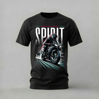 unleash your spirit tshirt; motorcycle rider shirt; sport bike graphic tee; biker spirit tshirt; motorcycle freedom shirt; unisex motorcycle tee; men cotton tshirt; half sleeve printed tshirt; streetwear; casual wear; biker merch; motorcycle graphic shirt
