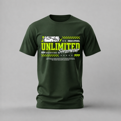 unlimited streetwear tshirt; urban apparel shirt; unlimited 2024 graphic tee; streetwear typography tshirt; neon streetwear shirt; unisex streetwear tee; men cotton tshirt; half sleeve printed tshirt; streetwear; casual wear; urban merch; typography graphic shirt
