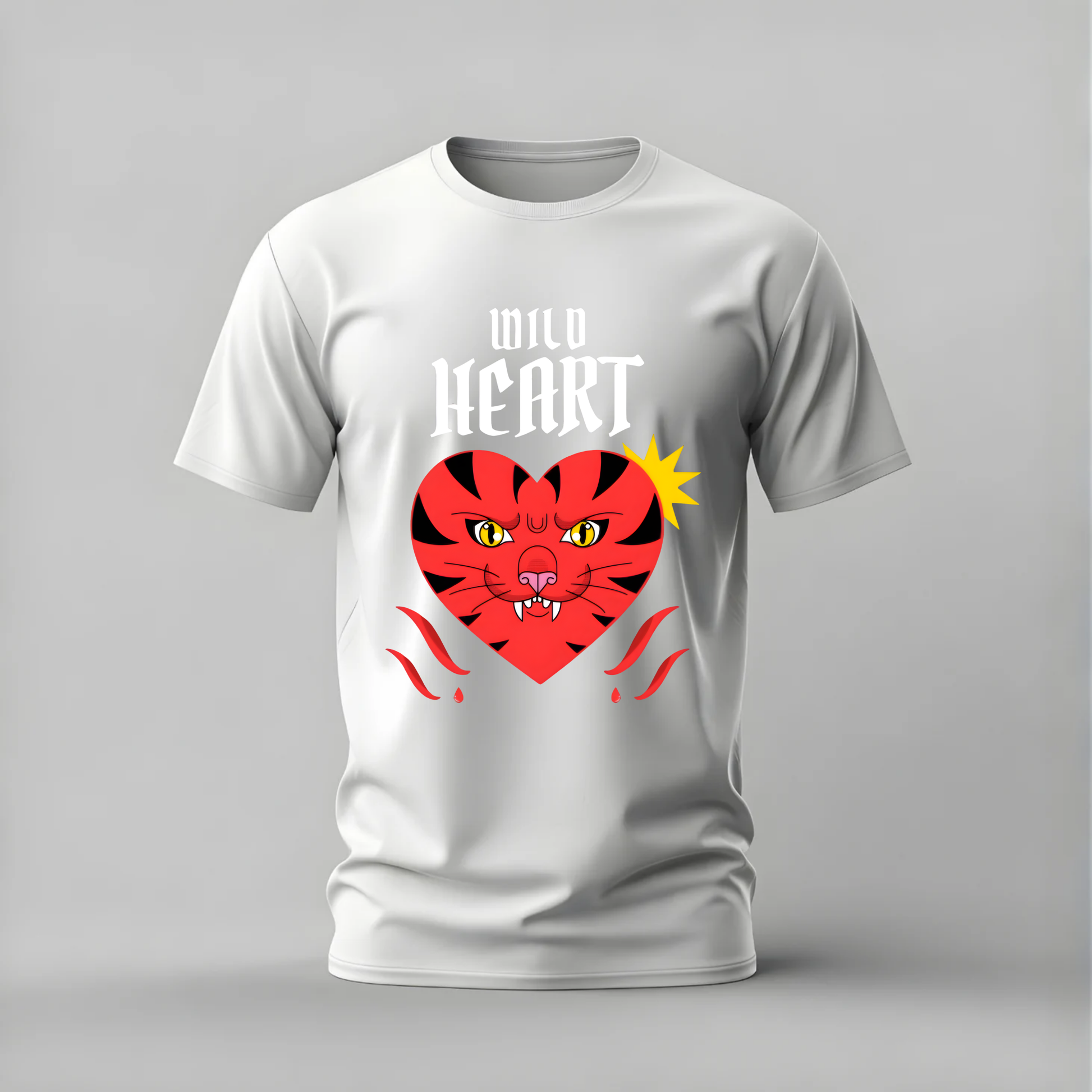 wild heart tshirt; tiger heart shirt; wild heart graphic tee; red tiger heart tshirt; fierce heart shirt; unisex animal tee; men cotton tshirt; half sleeve printed tshirt; streetwear; casual wear; wild heart merch; tiger graphic shirt
