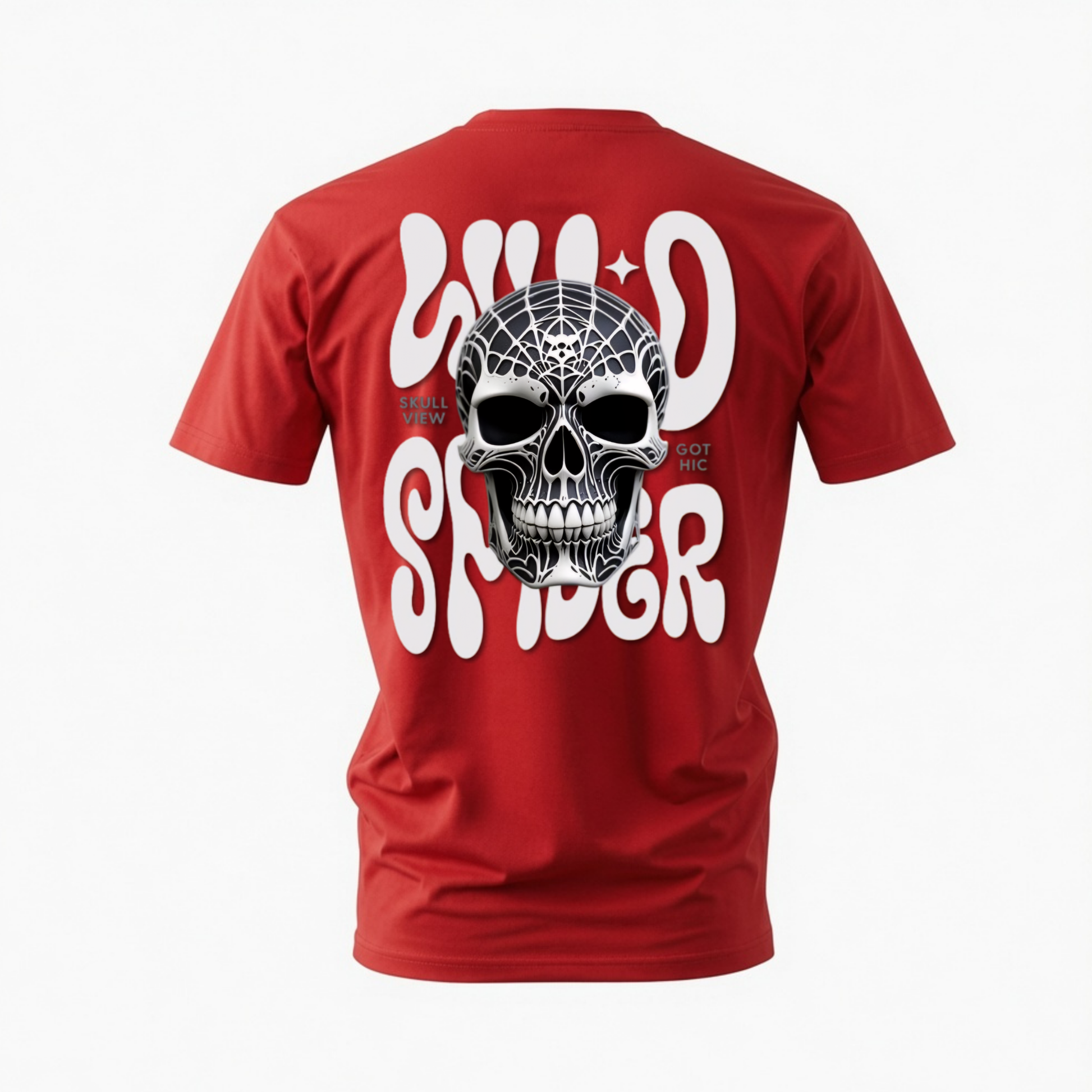 A red short-sleeve t-shirt shown from the back, featuring a large graphic print with the words 'WILD SPIDER' in white and a detailed black and white spider skull in the center.