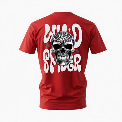 A red short-sleeve t-shirt shown from the back, featuring a large graphic print with the words 'WILD SPIDER' in white and a detailed black and white spider skull in the center.