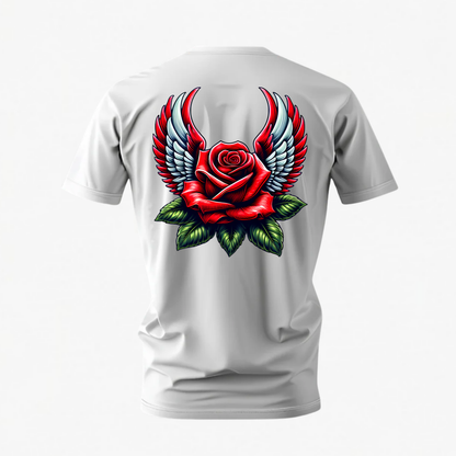 A light gray short-sleeve t-shirt shown from the back, featuring a large graphic print of a red rose with green leaves and red-and-white wings.