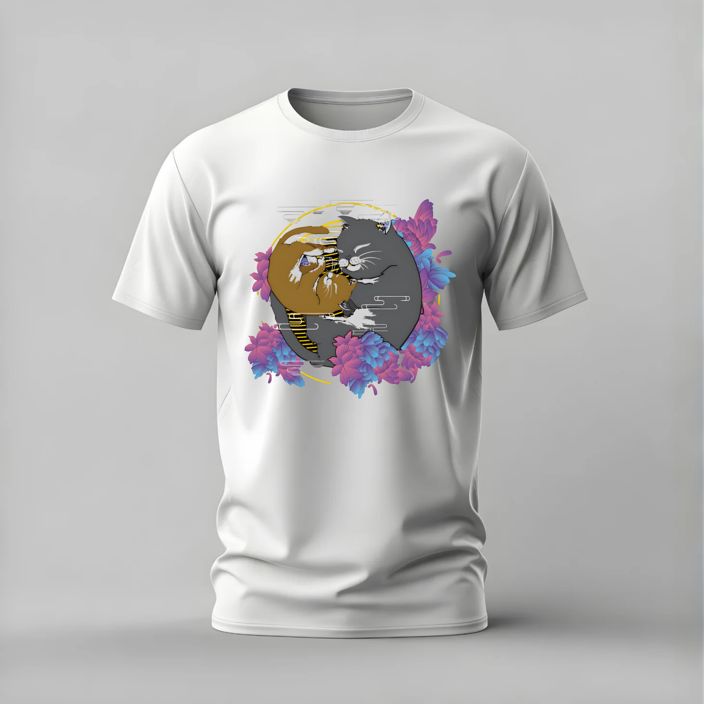 yin yang cats tshirt; cute cats shirt; cats graphic tee; yin yang cat tshirt; floral cats shirt; unisex cat tee; men cotton tshirt; half sleeve printed tshirt; streetwear; casual wear; cat merch; cute animal graphic shirt
