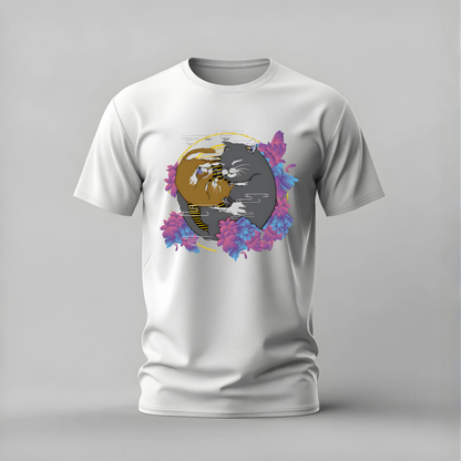 yin yang cats tshirt; cute cats shirt; cats graphic tee; yin yang cat tshirt; floral cats shirt; unisex cat tee; men cotton tshirt; half sleeve printed tshirt; streetwear; casual wear; cat merch; cute animal graphic shirt
